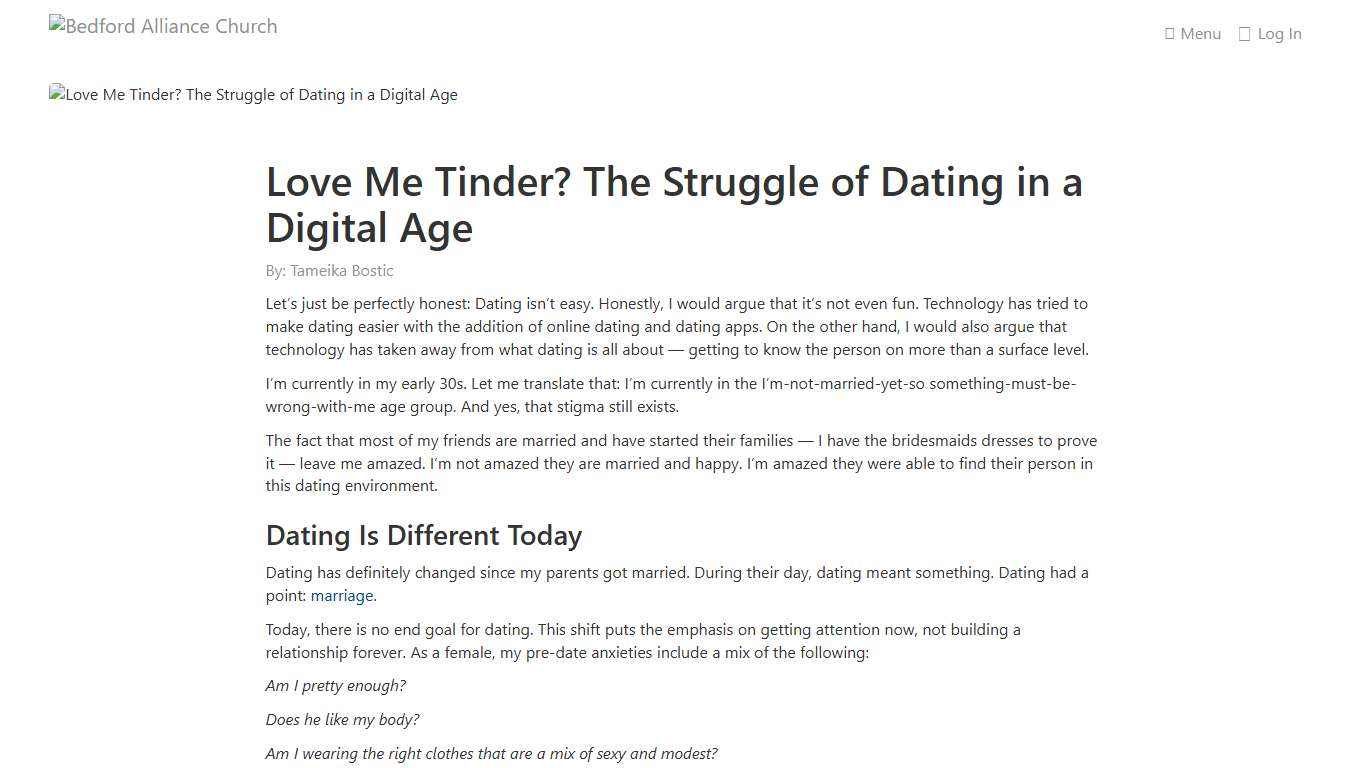 Love Me Tinder? The Struggle of Dating in a Digital Age Bedford Alliance Church Bedford Alliance Church